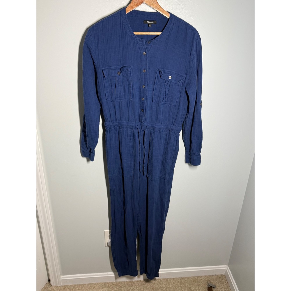 Madewell Womens 6 Blue Double Gauze Cotton Long Sleeve Button Front Jumpsuit